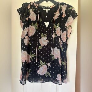 Black and White Ruffled Cap Sleeve Blouse